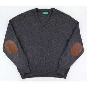 Alan Paine V-Neck Sweater Mens 46 US Gray Lambswool Great Britain Elbow Patches